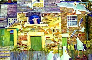 

Modern handmade painting pigeon at old house on oil canvas for home decor, wallpaper, gallery