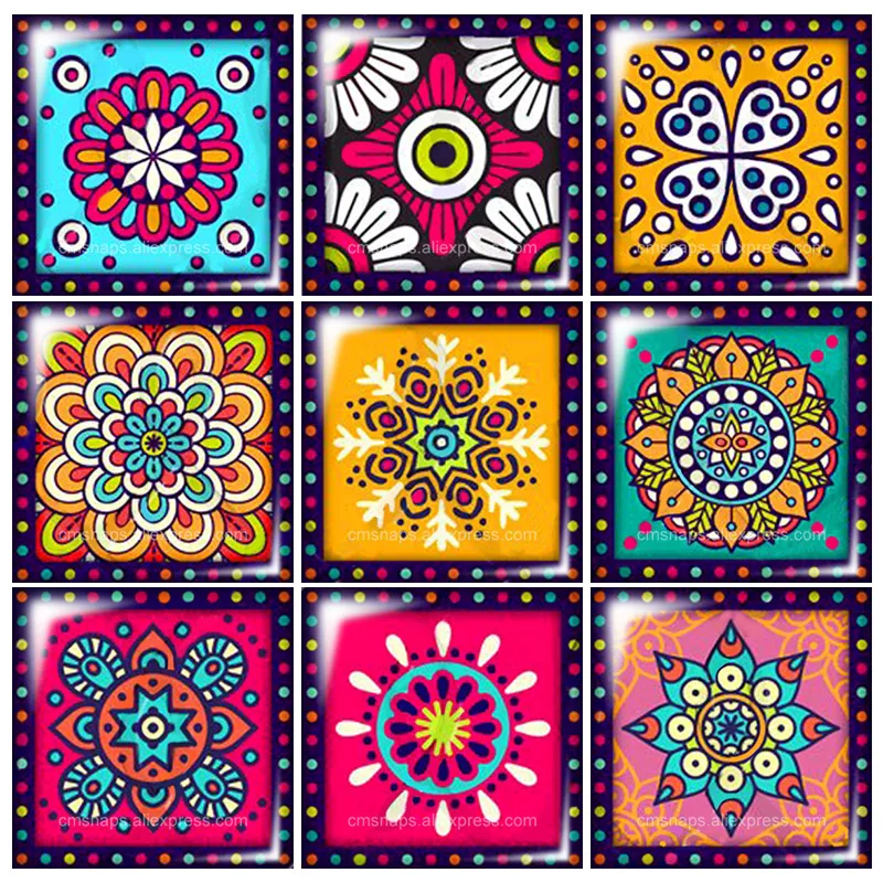 

Beauty Colorful flower patterns 10pcs mixed 12mm/20mm/25mm/30mm Square photo glass cabochon demo flat back Making findings