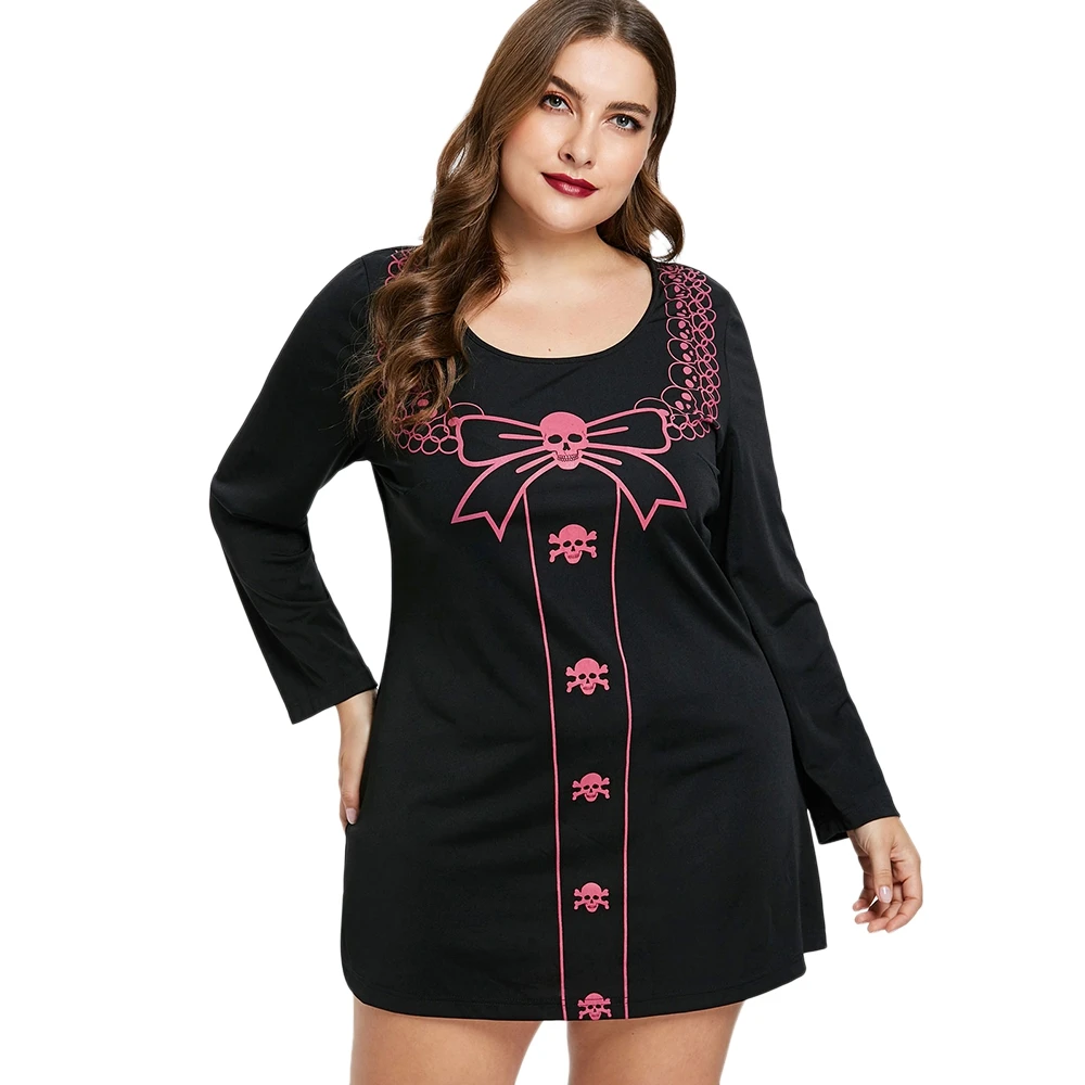 

2019 Plus Size Skull Halloween Tee Dress T Shirts For Long Sleeve Shirt Women Tshirt Female Bow O-Neck Full Sleeve Tumblr T-shir