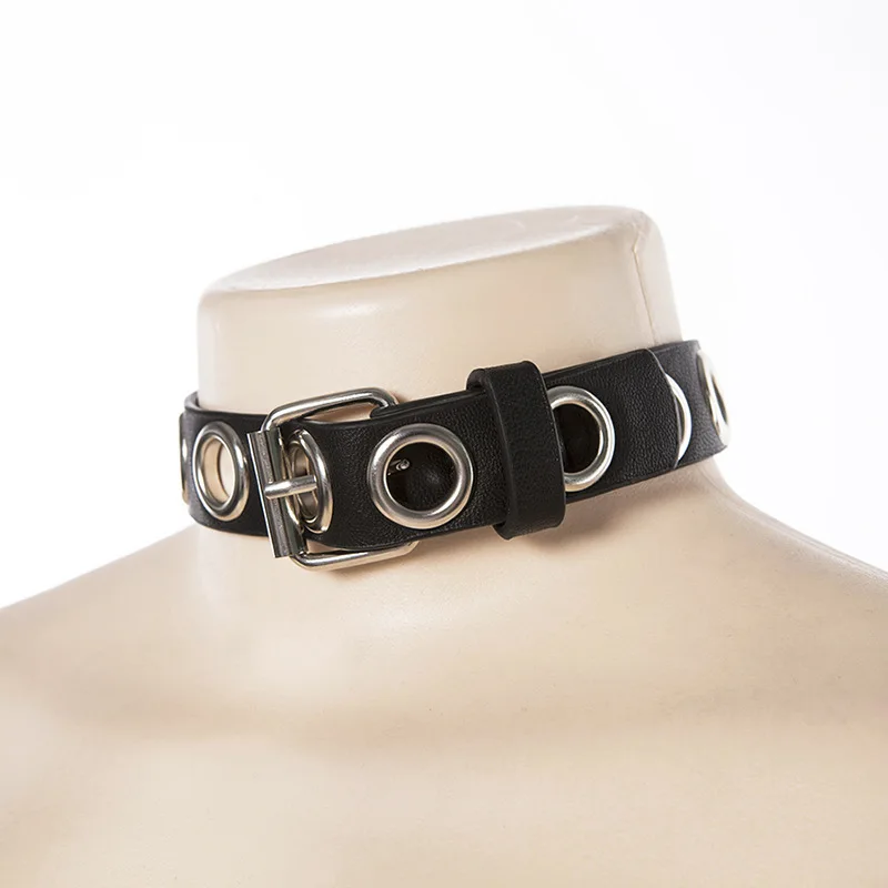 Хип-хоп harajuku в стиле панк рок черное ожерелье с круглым отверстием из искусственной кожи колье для женщин и мужчин