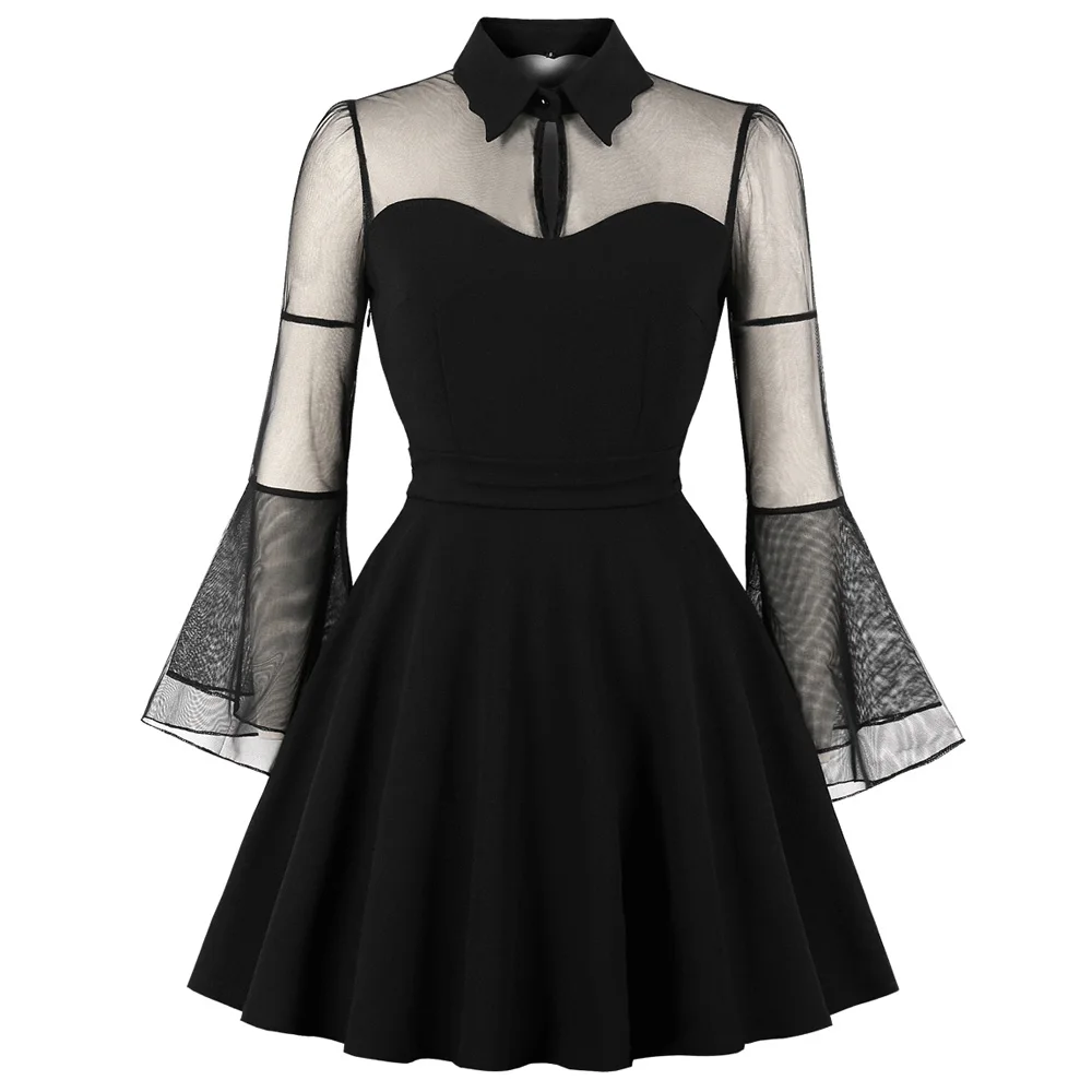 

Wipalo Autumn Plus Size Corset Retro Dress Lapel Transparent Grenadine Flare Sleeve Vintage Dress Elegant Party Dresses Vestidos