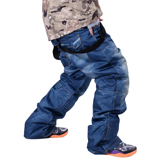 Дикие уличные лыжи мужские брюки водоотталкивающие съемные подтяжки зимний Сноубординг снег лыжные брюки джинсовые брюки синий черный - Цвет: blue