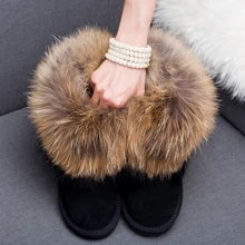 2016 Luxury Winter Women Natural Fox Fur Snow Boots Female Genuine Leather Boots Thick Fur Flat Real Raccoon Fur Ankle Boots