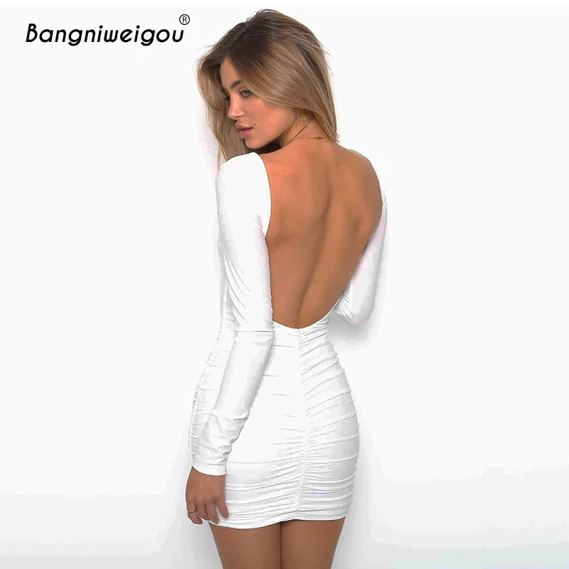 Bangniweigou منخفضة عارية الذراعين الورك رايات التفاف البسيطة اللباس أنيق كم طويل مثير النادي الليلي فستان قصير الأبيض للنساء الربيع 2019