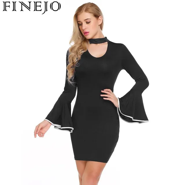 Finejo Bodycon Dress Autumn Winter Party Dresses Women 2017 Mock Finejo Bodycon Dress Autumn Winter Party Dresses Women 2017 Mock Neck Flare Long Sleeve Keyhole Casual