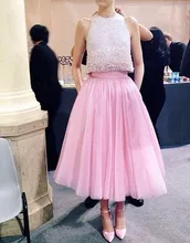 O Ansatz Tüll A Line Abendkleid mit Perlen pailletten Perlen Falten Bodenlangen Abend Partei-kleid Vestido De Festa
