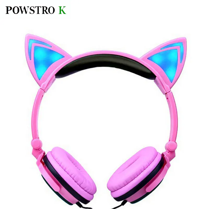 

POWSTRO K Glowing Cat Ear Headphones Flashing Led Light Earphone Foldable Headset For PC Laptop Computer Mobile Phone