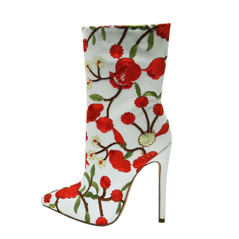 

Spring Green and Red Rural Floral Embroidery Ankle Boots Point toe Bottines Stiletto Heel Women Slip on Flowers Boots Woman