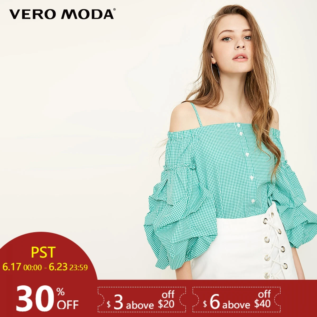 Vero Moda new plaid puff sleeve off shoulder shirt |318131518-in Blouses & Shirts from Women's 