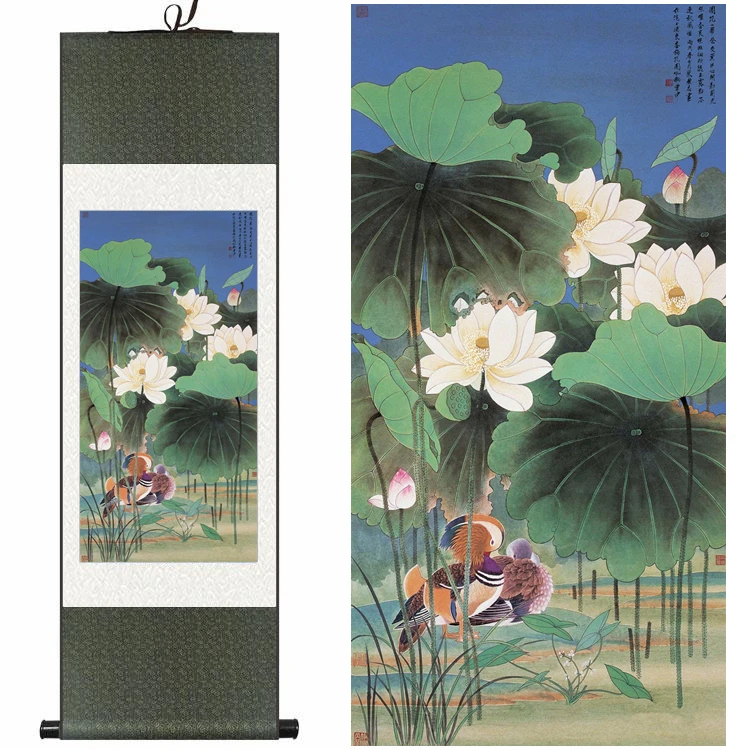 

Chinese Silk watercolor flower bird Lotus love mandarin duck ink art canvas wall picture feng shui damask framed scroll painting