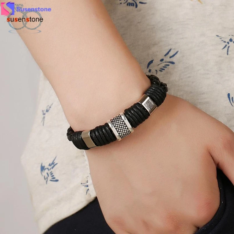 

SUSENSTONE Genuine leather Bracelet Men Stainless Steel Leather Hand Woven Bracelet #4-5