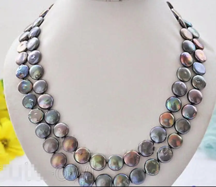 

Hot sale new Style >>>>> NEW 2 Rows 13-14mm peacock black coin freshwater pearl necklace 17-19