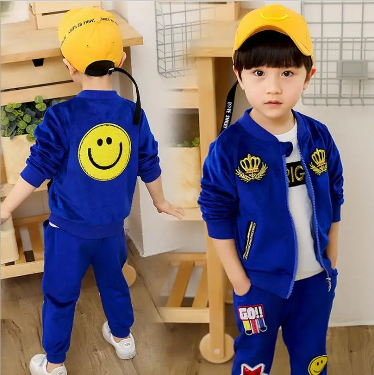 

Boy Suit 2019 Spring and Autumn New Korean Kids Smiling Face Golden Velvet Two-piece Kids Sports Suit Tide