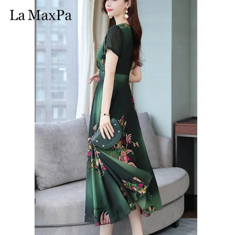 Loose Large Size Beach Vacation Dress New Arrival Print Chiffon Dress V Neck Fashion Elegant midi dress Casual korean dress