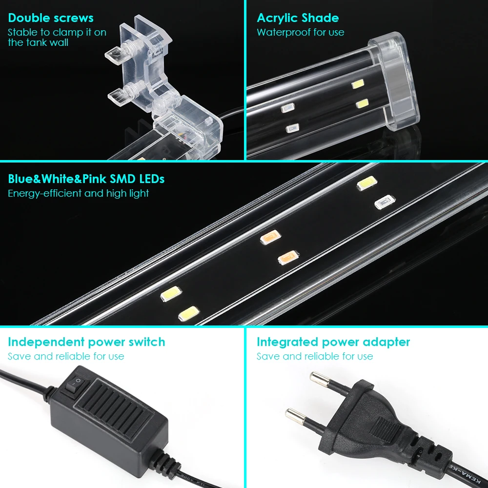 18-38 см 3 цвета аквариумный светодиодный светильник с зажимом высокий светильник светодиодный бар SMD5730 аквариум синий+ белый+ розовый светильник ing Tube