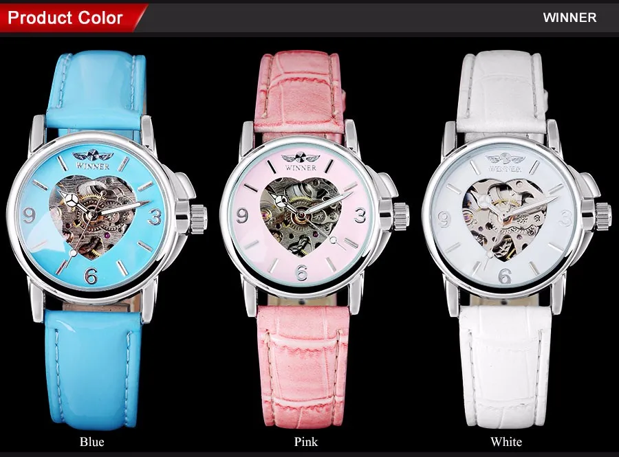 Бренд WINNER, модные повседневные часы для женщин, женские автоматические механические наручные часы со скелетом в форме сердца, небесно-голубой кожаный ремешок