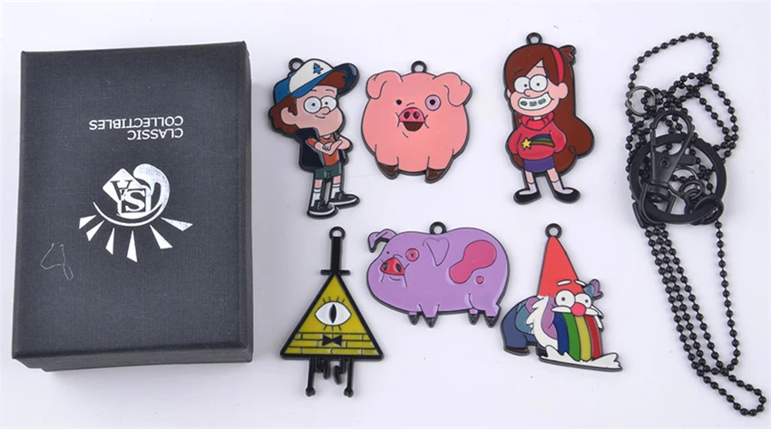 

Anime Gravity Falls Alloy metal Mabel Pines Dipper Pines Bill Cipher Necklace keychain with Box Cosplay custume accessories