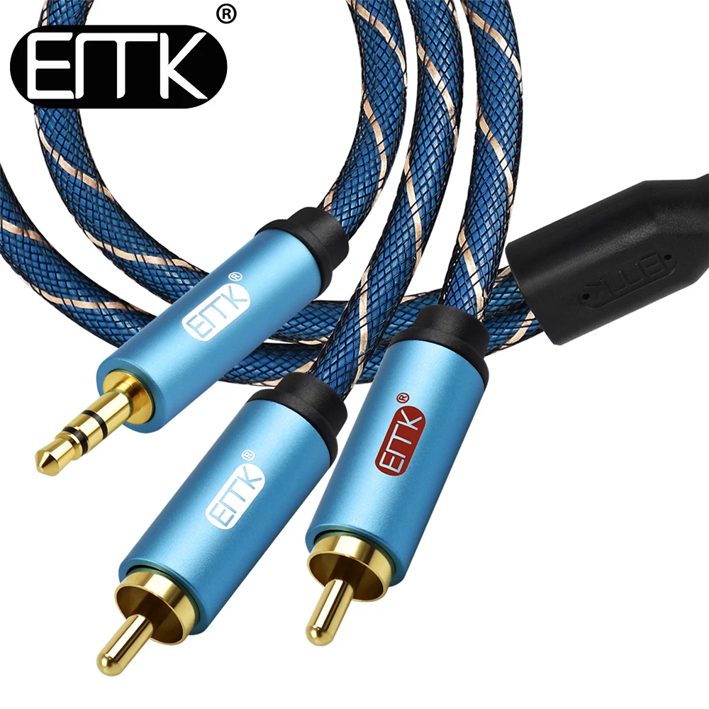 Goede EMK 2 RCA naar 3.5mm AUX kabel splitter kabel 2RCA 3.5 jack plug audio kabel 1.5 m 2 m 3 m 5 m gevlochten voor Theater iPhone Hoofdtelefoon