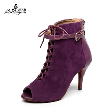 Осенне-зимние модели танцевальной обуви латинский танец самба обувь Сальса Танцевальная бальная обувь фиолетовый/черный Тип рыбий рот сапоги