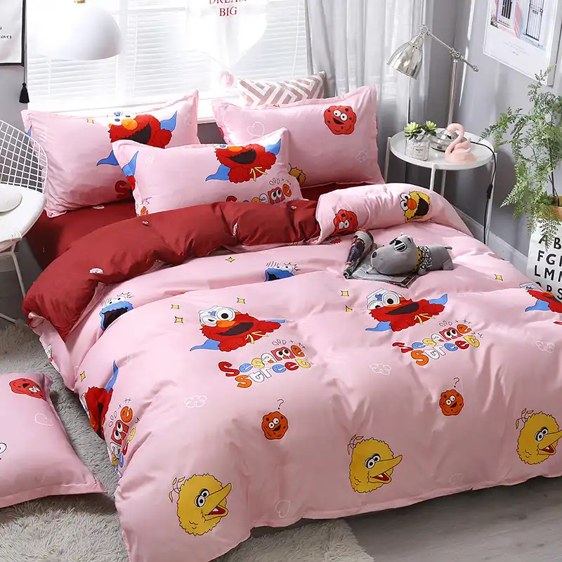 Luxury New Sesame Street Cartoon Printed Bedding Set Pink Lovely Bed Cover Bed Sheet Duvet Cover Pillowcase Bed Linen Bedclothes