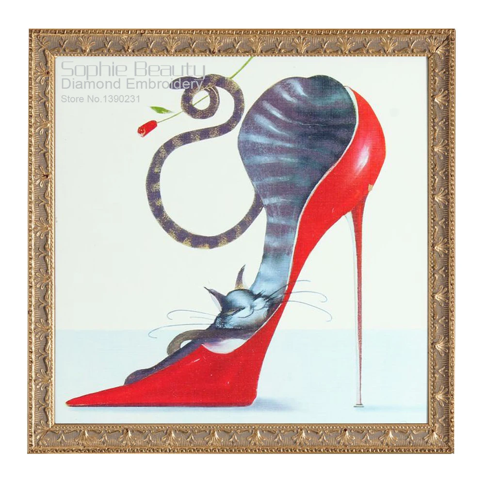 484 46 De Réduction5d Bricolage Diamant Peinture Rouge Chaussure Avec Chat Point De Croix Diamant Mosaïque Dessin Animé Diamant Broderie Décor