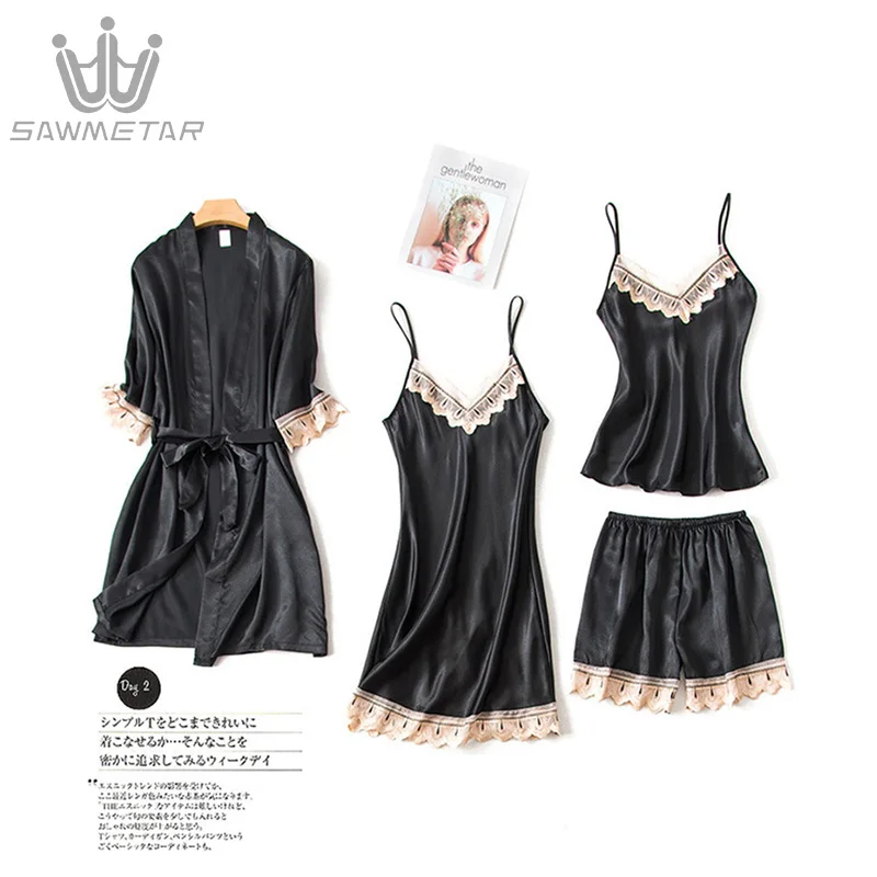 

Summer Pajamas Women 4 Pieces Sets Sexy Sleepwear Satin Silk Nightwears Home Wear Home Clothing Embroidery Sleep Lounge