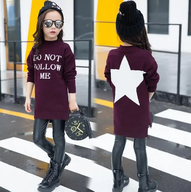 

Long Sweater For Girls O-Neck Print Leeter Cardigan Full Sleeve Kids Knitted Pullover Winter Christmas Clothing Sueter Infantil