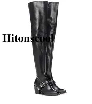 

2019 New Sexy Ladies Over The Knee High Heels Boots Pointed Toe Black Red Buckles Leather Square Shoes Woman zapatos de mujer