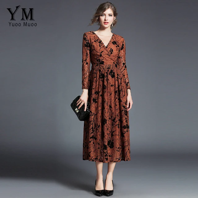 YuooMuoo New European Fashion V neck Midi Lace Dress Romantic Floral