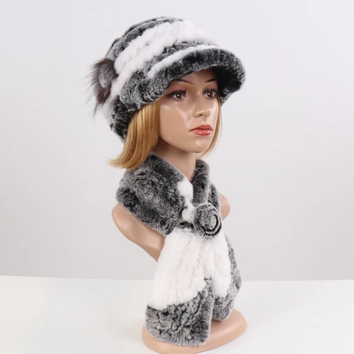 grey white Новинка, модная меховая шапка для девушек, женская зимняя шапка, натуральный настоящий мех кролика, шапка, шарф, люкс Качество, женская шапка из натурального меха, глушитель - Цвет: grey white