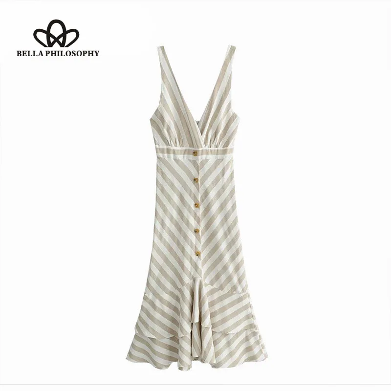 Wonder Vintage Sexy Striped Ruffles Strap Midi Dress Sleeveless Backless Button Beach Ladies Dresses Vestidos Mujer 2019