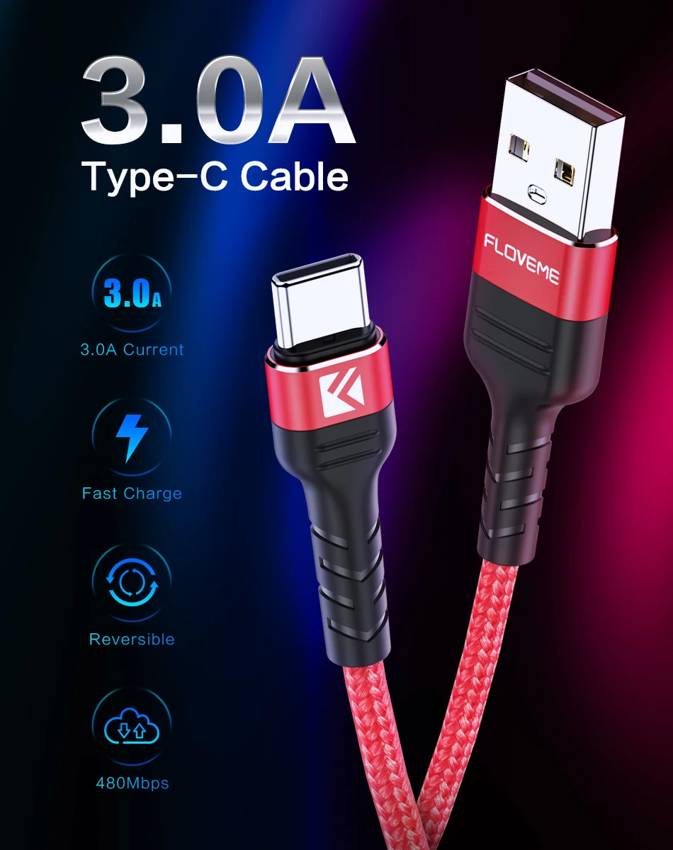 Floveme 3A usb type C кабель USB C кабель для быстрой зарядки данных 2 м Usb кабель type C для samsung S9 S8 S10 Xiaomi зарядное устройство для мобильного телефона