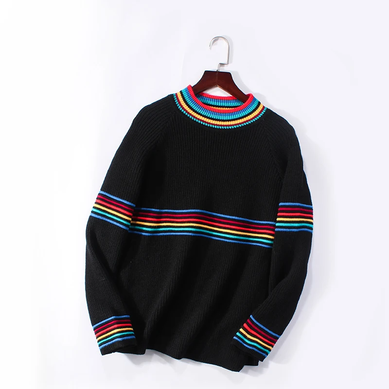 

High Quality Rainbow Striped Sweaters For Women Patchwork O-neck 2018 Autumn Female Long Sleeves Causal Pullover High Street Top