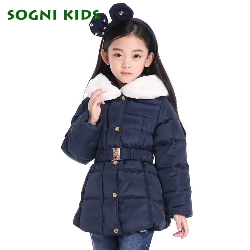 SOGNI KIDS Children Winter Down Jacket White duck down Long Thick Girls Coat Waist buckle Fur