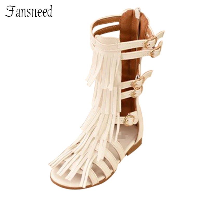 comprar Crianças verão 2018 meninas princesa sapatos botas altas vasilha botas com franjas cool girl oco Aberto toe sandálias Romanas