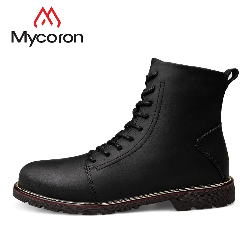 

MYCORON 2018 High Quality Leather Men Boots High Top Motorcycle Autumn Winter Shoes Lace-Up Man Snow Boots Botines Hombre
