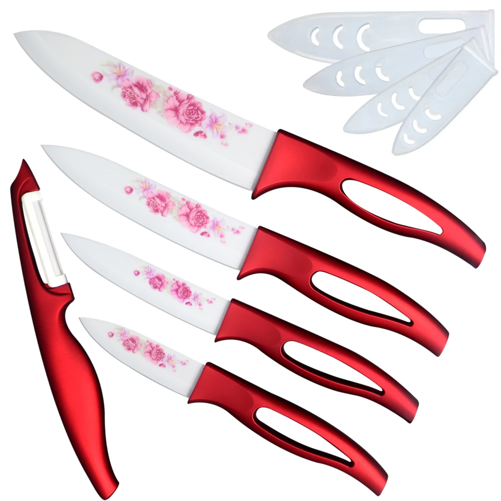 XYj Kitchen Knife Set 5 Piece Set 3 4 5 6 inch Red Hollow Handle Flower