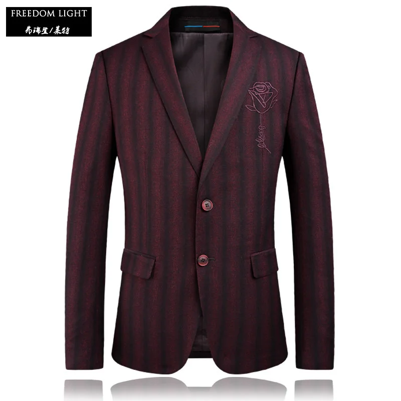 FREEDOM LIGHT Men Blazer Spring Autumn Thin Blazers Rose Embroidery Red