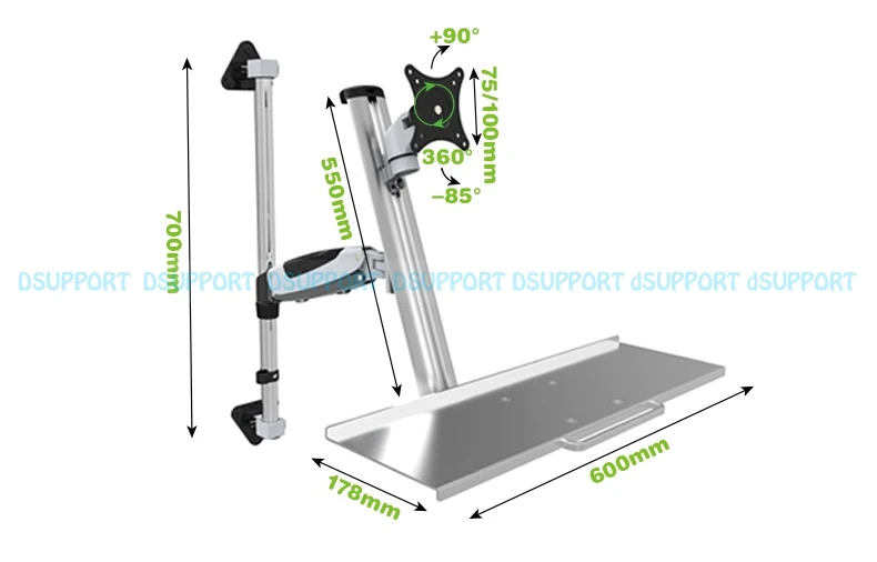 Настенное крепление складной Эргономичный Алюминиевый Газовый пружинный сидячий стенд монитор+ клавиатура Держатель полный рычаг движения 1"-27" монитор Стенд кронштейн