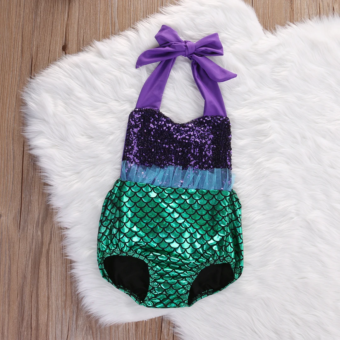 

2017 Cute Summer Princess Baby Girls Bodysuit Little Mermaid Jumpsuit Lace Outfits Sunsuit Costume 0-24M