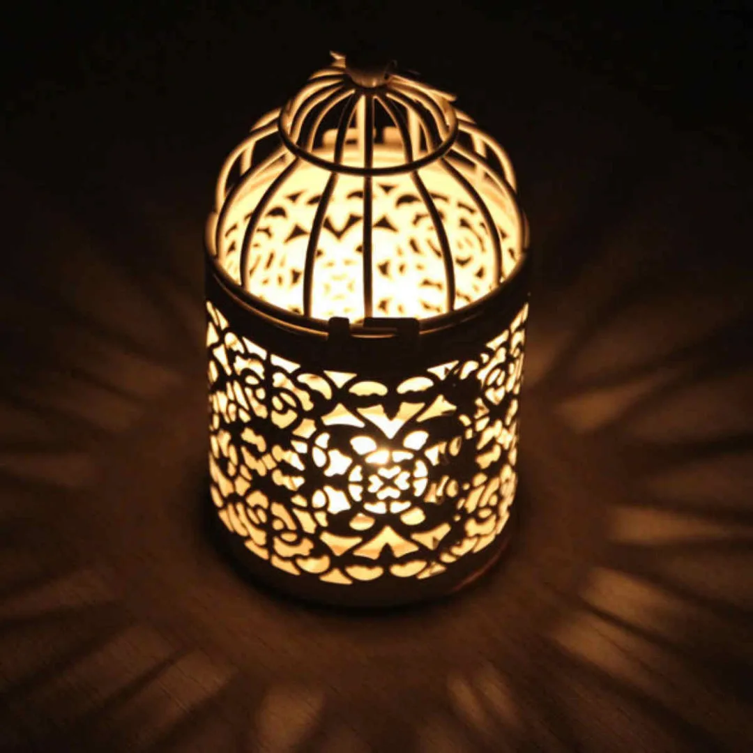 1pc Metal Hollow Candle Holder Tealight Candlestick Hanging Lantern Bird Cage White