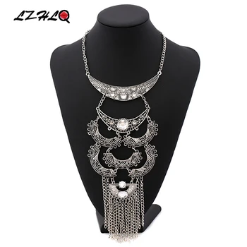 

LZHLQ Retro Multilayer Moon Necklace Geometric Resin Tassel Maxi Necklaces 2017 Fashion Women Hollow Sweater Chain Brand Jewelry