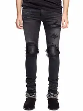 American Street Style Fashion Men Jeans Black Color Patched Destroyed Ripped Jeans Men Elastic Broken Pants Hip Hop Skinny Jeans lace patched tee and pants