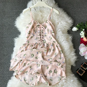 

ALPHALMODA Printed Floral Lace Up Summer Playsuits Retro Daisy Flowers High-waist Suspender Beautiful Chiffon Rompers for 2019