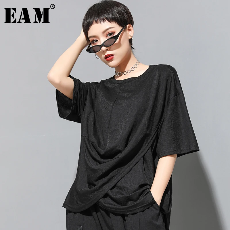 

[EAM] 2019 New Spring Summer Round Neck Half Sleeve Black Loose Fold Split Joint Big Size T-shirt Women Fashion Tide JX503
