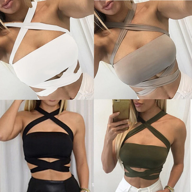 Women Sexy Strapless Tube Top Fashion Cropped Bandeau Tops Underwear Bras Halter Lace-Up Bandage Crop Tops White Black