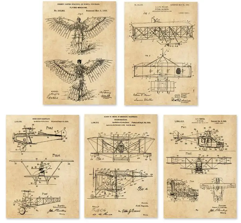 Винтажный ранний самолет Летающий аппарат наборы художественных печатных патентов 5 в 1 самолет детский самолет стены искусства классический самолет - Цвет: parchment