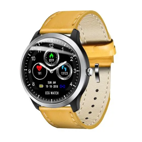 Мужские умные часы, 1,22 дюймов, ips ECG PPG, умные часы, пульсометр, мульти-спортивный режим, трекер, водонепроницаемый пульт дистанционного управления - Цвет: Yellow leather strap