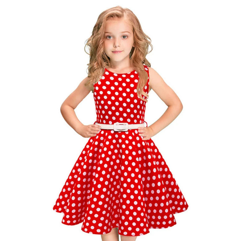 Vintage Wedding Bridesmaid Dresses for Kdis Girls Polka Dot Sleeveless High Waist With Waistband Pleated Swing Cute Girls Dress