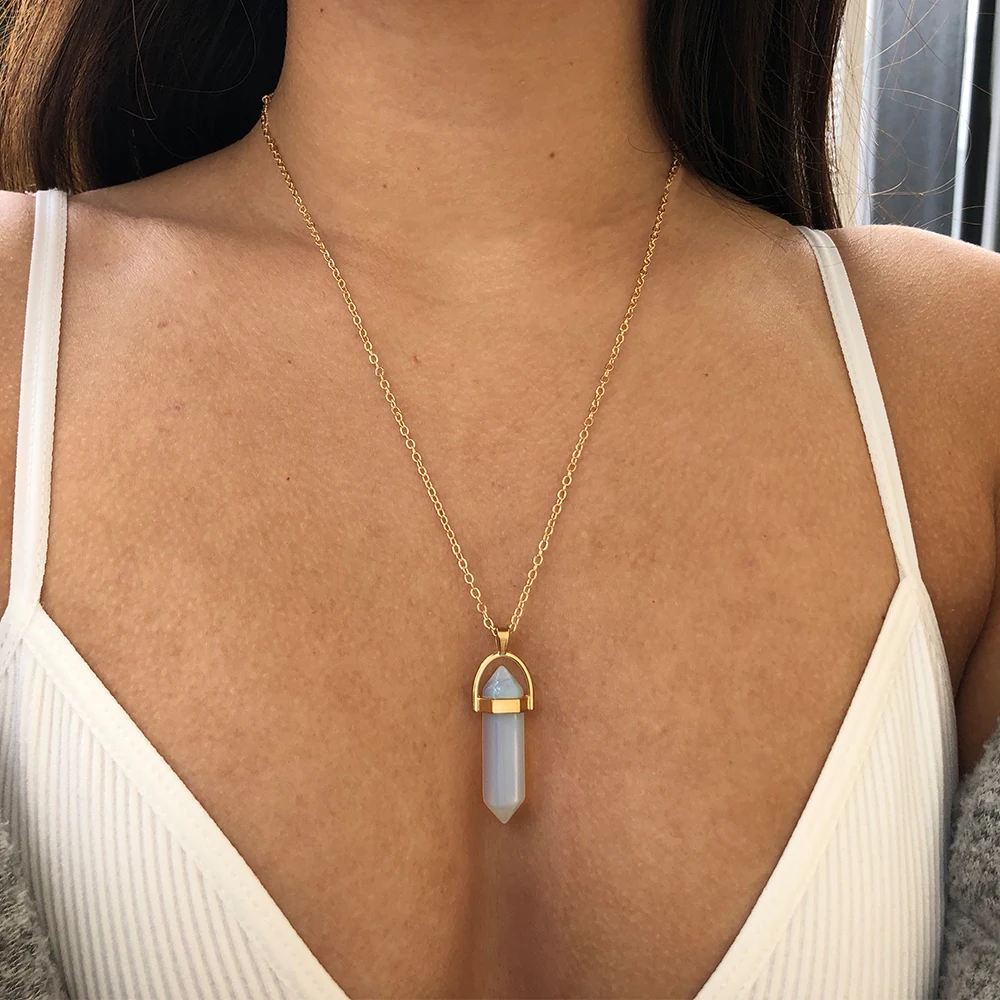 

Hot sale Hexagonal Column Quartz Necklaces Pendants Fashion Natural Stone Bullet Pink Crystal Pendant Necklace For Women Jewelry